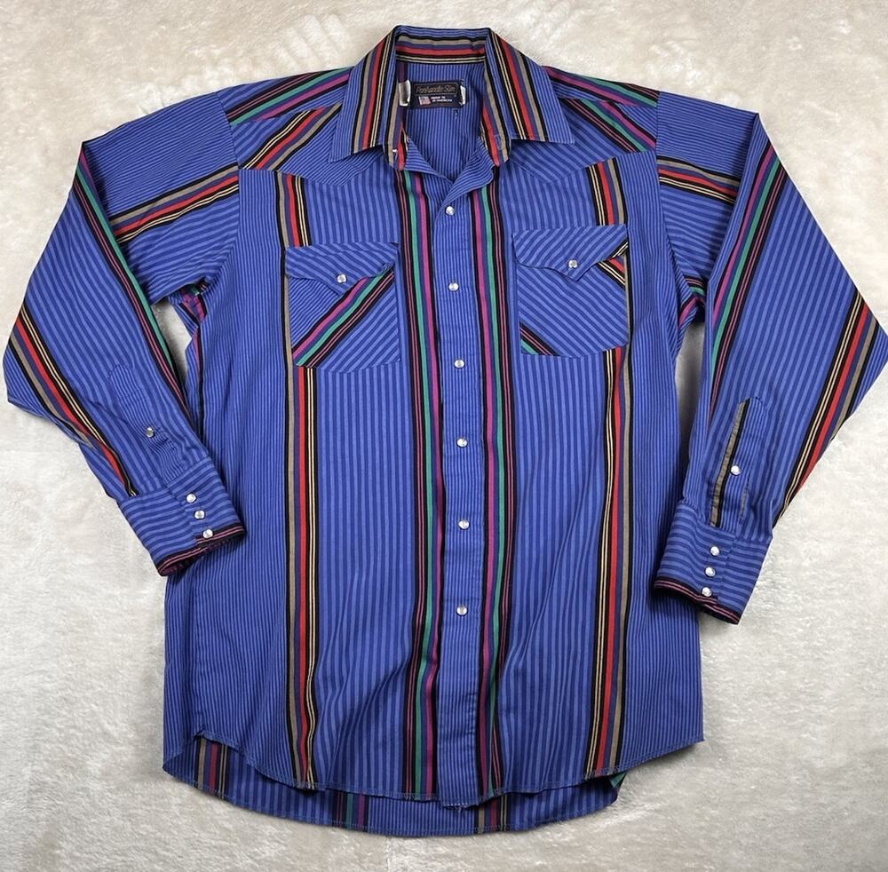 Vintage Panhandle Slim Shirt Mens 15.5 X 35 Blue Striped Pearl Snap Made In USA